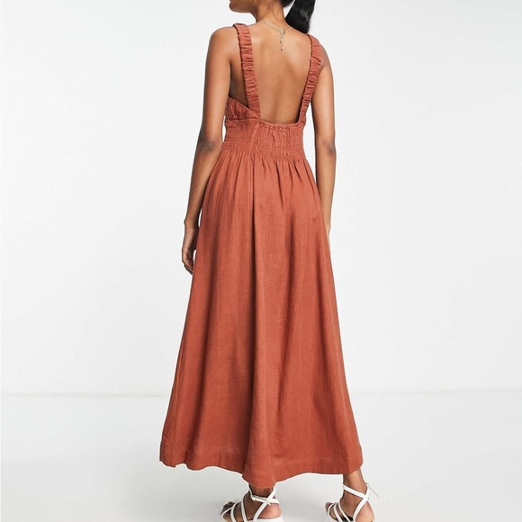 Abercrombie & Fitch asymmetrical scrunchie strap maxi dress in rust Sz L - Picture 3 of 5